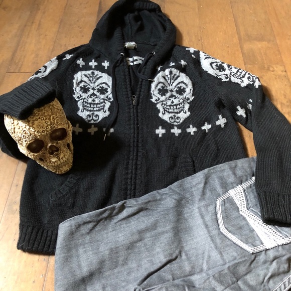 Lucky Brand Mens Zipper Skull Hoodie Xl 